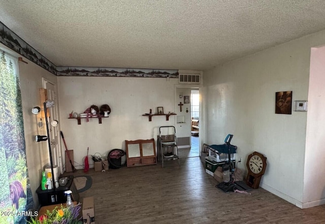 miscellaneous room featuring a healthy amount of sunlight, a textured ceiling, visible vents, and wood finished floors