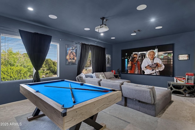 rec room with recessed lighting, pool table, visible vents, and baseboards