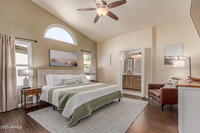 24813 N 55th Dr, Glendale, AZ 85310 - bedroom featuring wood finished floors, high vaulted ceiling, a sink, ensuite bath, and a ceiling fan