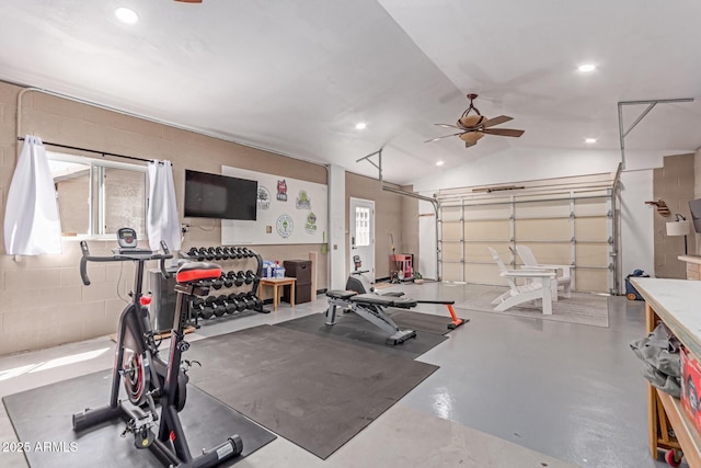 24813 N 55th Dr, Glendale, AZ 85310 - exercise room with a ceiling fan, vaulted ceiling, recessed lighting, and concrete block wall