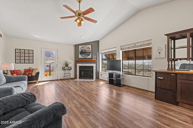 living area featuring a healthy amount of sunlight, vaulted ceiling, a fireplace, and wood finished floors