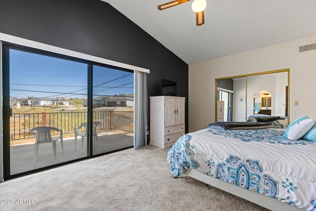 carpeted bedroom featuring arched walkways, ceiling fan, visible vents, access to outside, and a closet