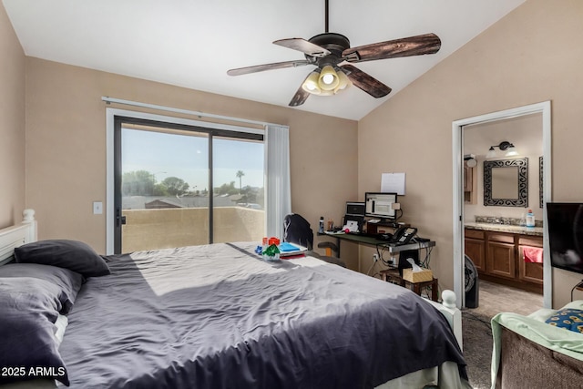 bedroom with light carpet, vaulted ceiling, a ceiling fan, access to outside, and connected bathroom