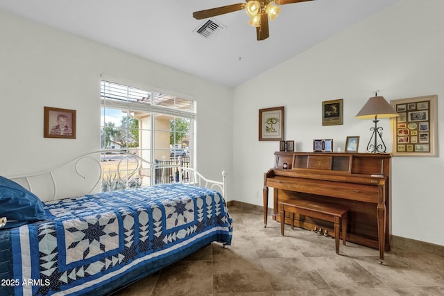 bedroom with ceiling fan, lofted ceiling, and access to exterior