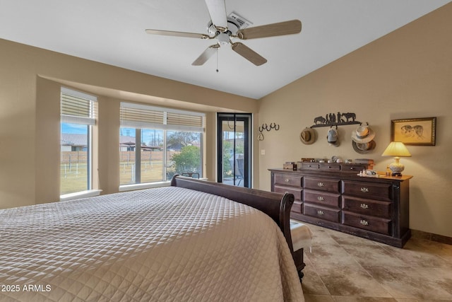 bedroom with lofted ceiling, access to outside, and ceiling fan