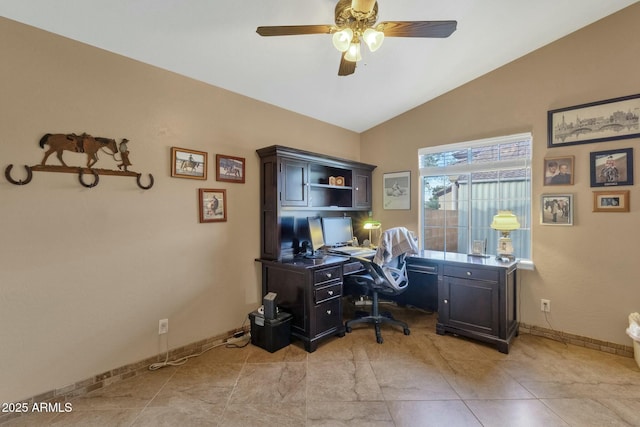 home office with ceiling fan and lofted ceiling