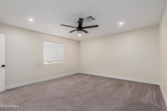 carpeted empty room with recessed lighting, baseboards, ceiling fan, and visible vents