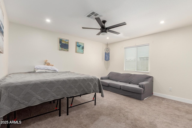 bedroom with carpet flooring, recessed lighting, baseboards, and visible vents