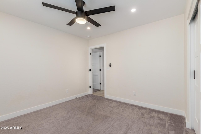 unfurnished bedroom with a closet, baseboards, ceiling fan, recessed lighting, and light carpet