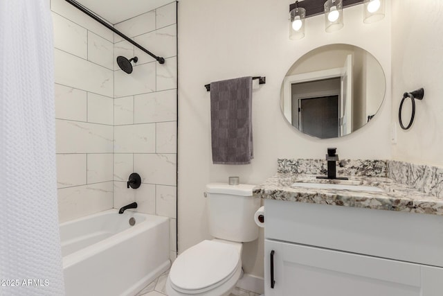 bathroom featuring toilet, vanity, and shower / tub combo with curtain