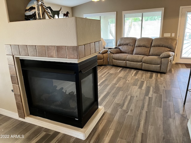 living room featuring a multi sided fireplace and wood-type flooring