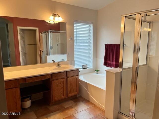 bathroom with tile patterned flooring, plus walk in shower, and vanity