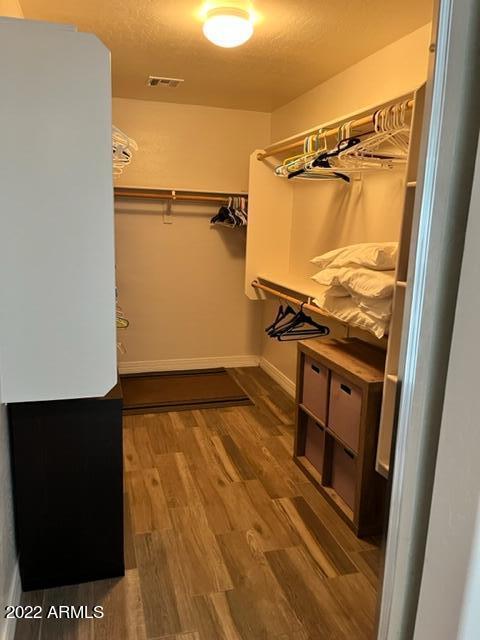 walk in closet with wood-type flooring