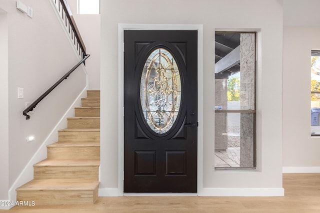 foyer entrance with wood-type flooring and a healthy amount of sunlight