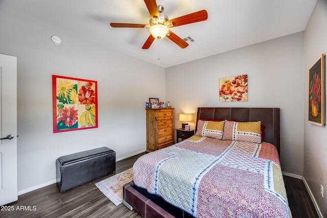 bedroom with wood finished floors, baseboards, and ceiling fan