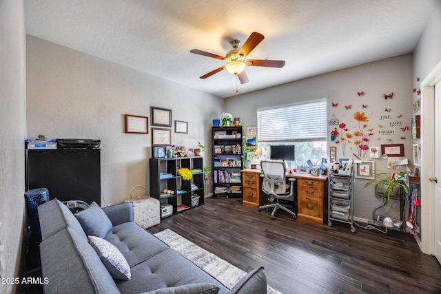office with a ceiling fan and dark wood finished floors