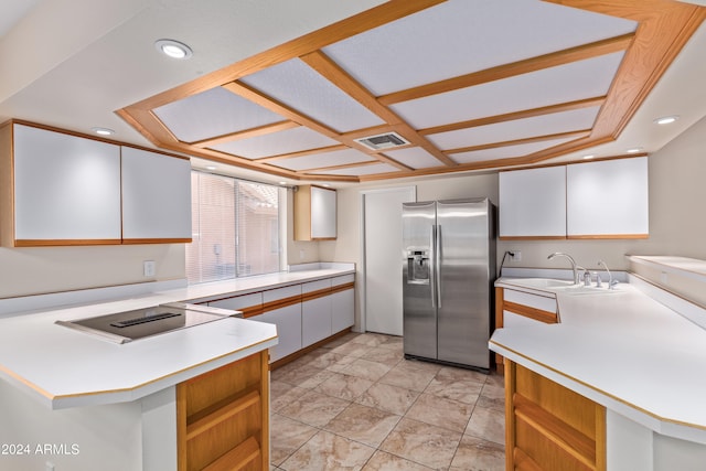 kitchen featuring white cabinetry, sink, kitchen peninsula, and stainless steel refrigerator with ice dispenser