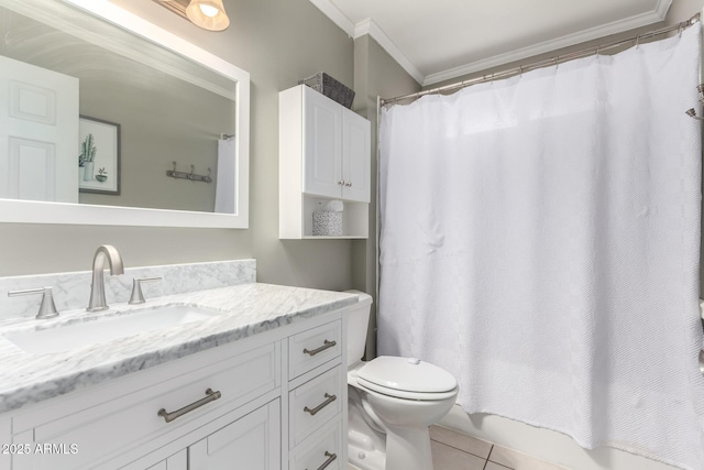 bathroom featuring tile patterned flooring, shower / bath combo with shower curtain, toilet, ornamental molding, and vanity