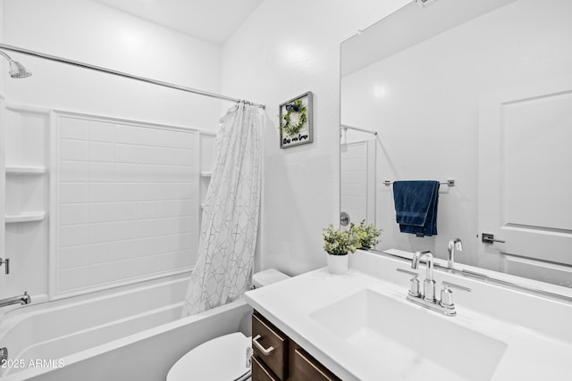 full bathroom with vanity, toilet, and shower / bath combo with shower curtain