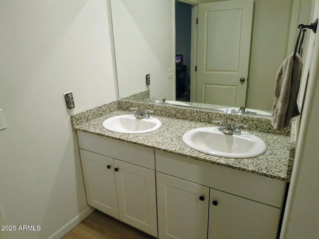 bathroom featuring double vanity, wood finished floors, baseboards, and a sink