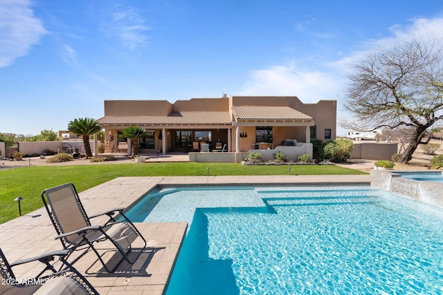 20910 W Cattle Iron Dr, Wickenburg, AZ 85390 - view of pool featuring an in ground hot tub, a patio area, a fenced in pool, fence, and a lawn