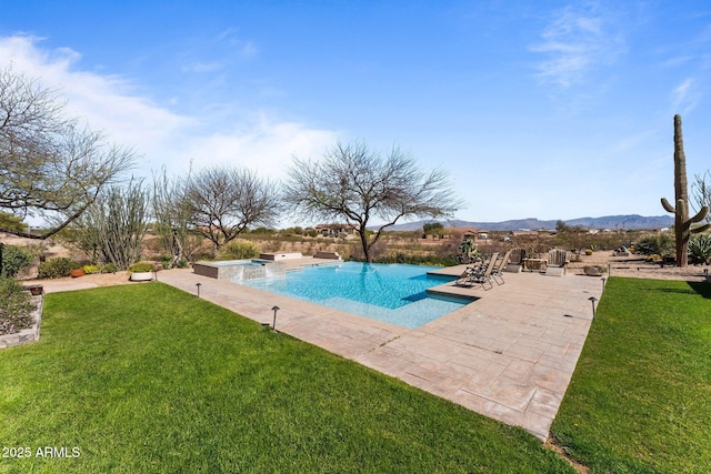 20910 W Cattle Iron Dr, Wickenburg, AZ 85390 - view of swimming pool with a lawn, a pool with connected hot tub, a patio, and a mountain view