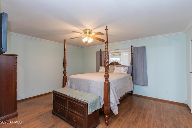 bedroom with dark wood-type flooring, ceiling fan, and crown molding