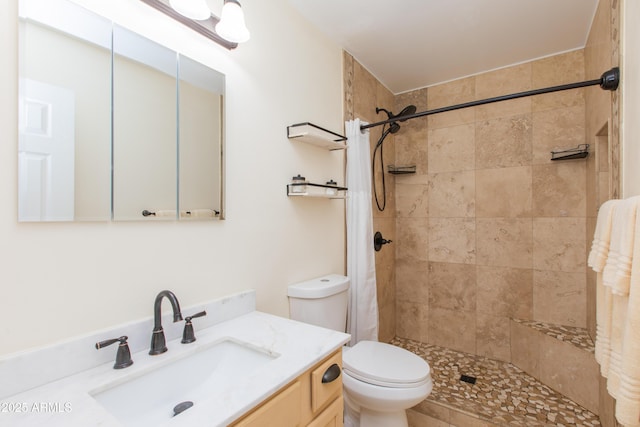 bathroom with walk in shower, vanity, and toilet