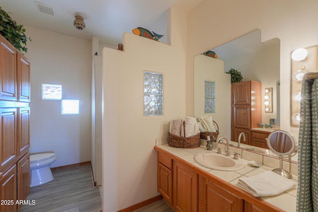 bathroom with vanity, wood-type flooring, and toilet