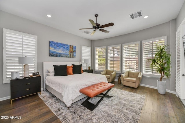 bedroom featuring visible vents, recessed lighting, baseboards, and dark wood-style flooring