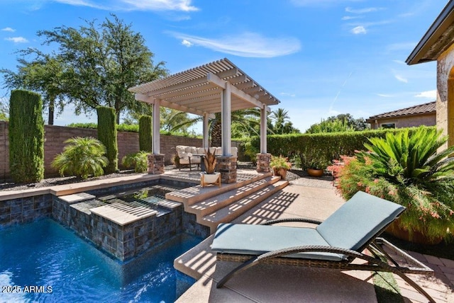 view of swimming pool with an outdoor living space, fence, an in ground hot tub, a pergola, and a patio