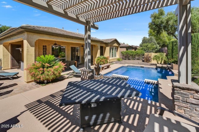 outdoor pool featuring a patio area, a pergola, and ceiling fan