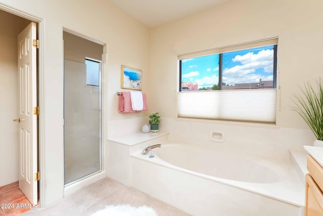 bathroom featuring separate shower and tub and vanity