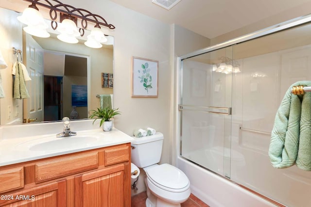 full bathroom with toilet, vanity, bath / shower combo with glass door, and a chandelier