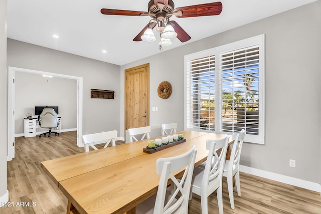 18822 E Flintlock Dr, Queen Creek, AZ 85142 - dining room with light wood-style floors, baseboards, ceiling fan, and recessed lighting