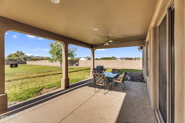 18822 E Flintlock Dr, Queen Creek, AZ 85142 - view of patio with a fenced backyard, a ceiling fan, and outdoor dining area