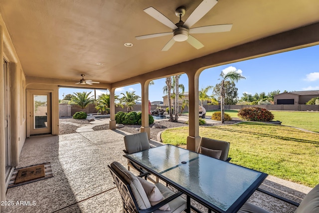 18822 E Flintlock Dr, Queen Creek, AZ 85142 - view of patio with fence, a ceiling fan, and outdoor dining area