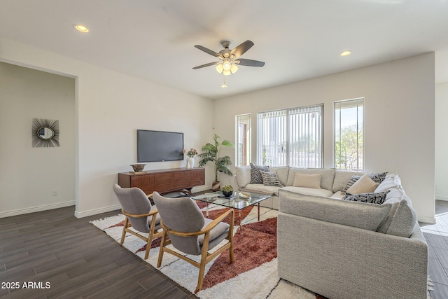 living room featuring recessed lighting, baseboards, a ceiling fan, and wood finished floors