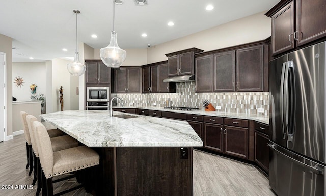 kitchen with sink, stainless steel appliances, an island with sink, pendant lighting, and light hardwood / wood-style floors