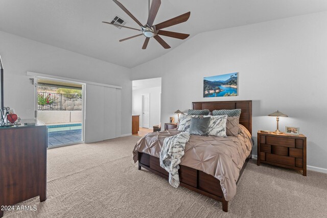 carpeted bedroom with lofted ceiling, access to exterior, and ceiling fan