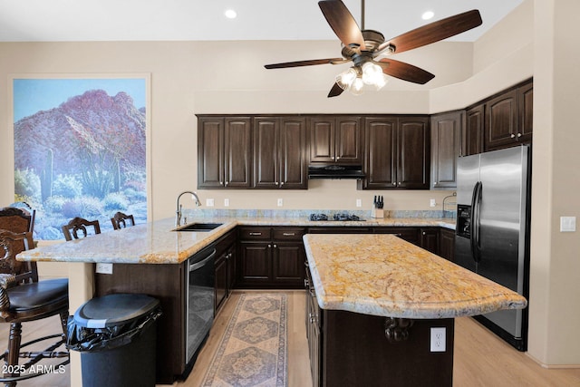 1940 N Stevens Cir, Mesa, AZ 85205 - kitchen with appliances with stainless steel finishes, a peninsula, under cabinet range hood, ceiling fan, and dark brown cabinetry