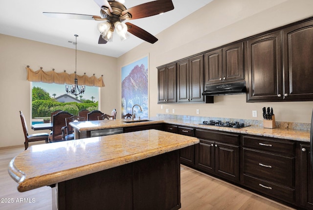 1940 N Stevens Cir, Mesa, AZ 85205 - kitchen with black gas cooktop, light wood-style flooring, under cabinet range hood, a ceiling fan, and light stone countertops