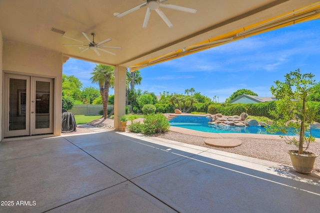 1940 N Stevens Cir, Mesa, AZ 85205 - view of patio / terrace featuring ceiling fan and french doors