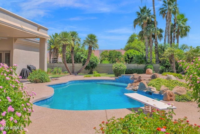 1940 N Stevens Cir, Mesa, AZ 85205 - view of pool featuring a fenced backyard, a diving board, and a patio area