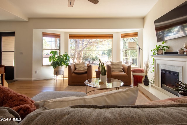 living room featuring ceiling fan, light wood-type flooring, and a tiled fireplace