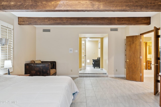 tiled bedroom featuring beam ceiling