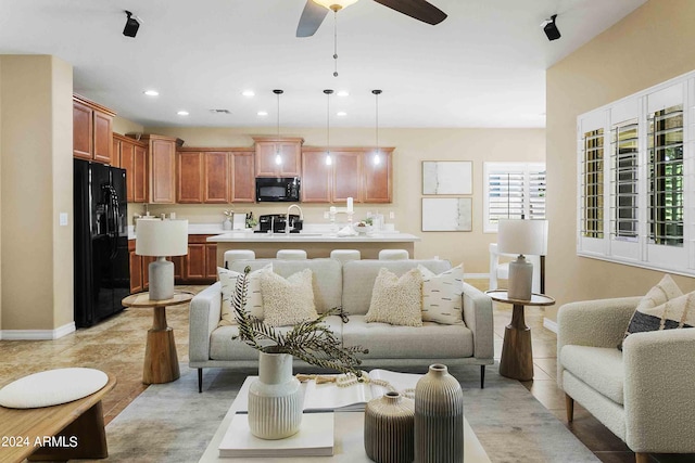 2736 E Sourwood Dr, Gilbert, AZ 85298 - living area with baseboards, ceiling fan, and recessed lighting