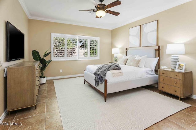 2736 E Sourwood Dr, Gilbert, AZ 85298 - tiled bedroom with ornamental molding, baseboards, and a ceiling fan
