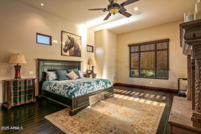 bedroom featuring recessed lighting, baseboards, wood finished floors, and a ceiling fan