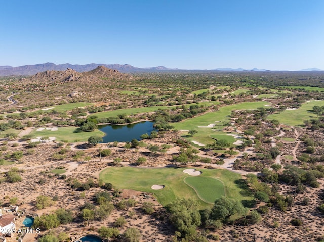 bird's eye view with golf course view and a water and mountain view